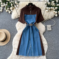 Korean style faux two-piece denim patchwork slit dress - women's summer short sleeve v-neck slimming a-line dress