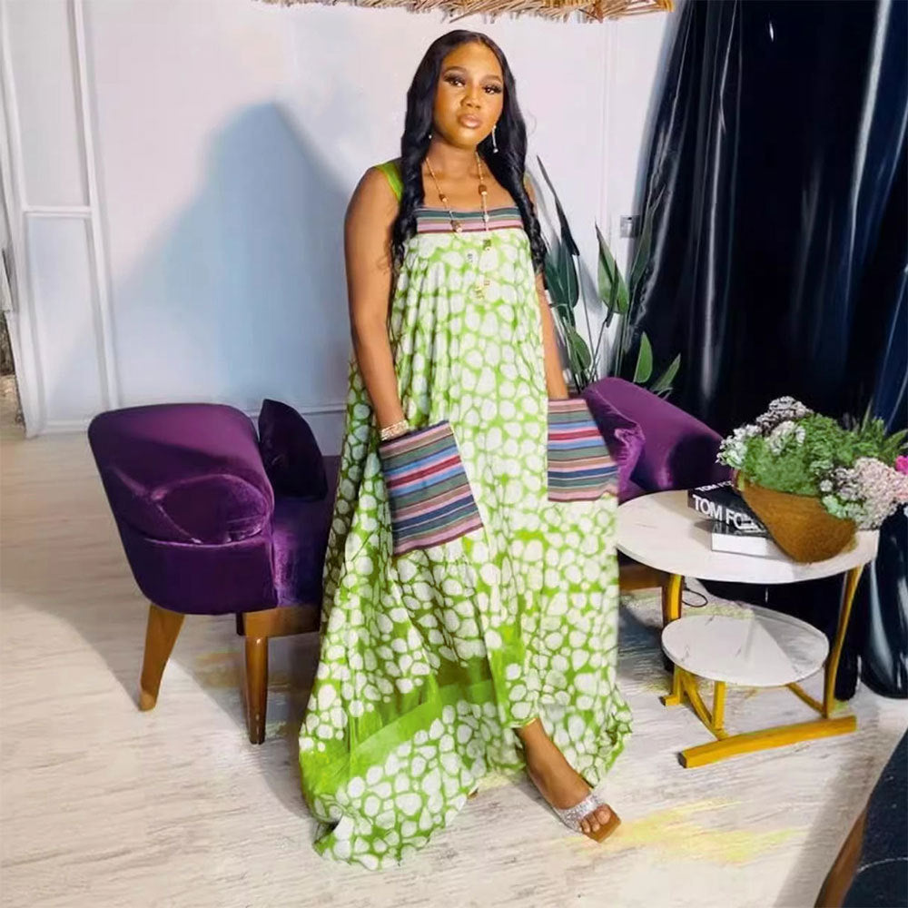 S10825 European and American suspender printing large skirt multi-color dress