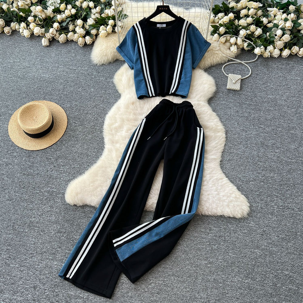 Summer fashion color block striped trim short sleeve top & high waist denim patchwork wide leg straight leg pants casual set for women