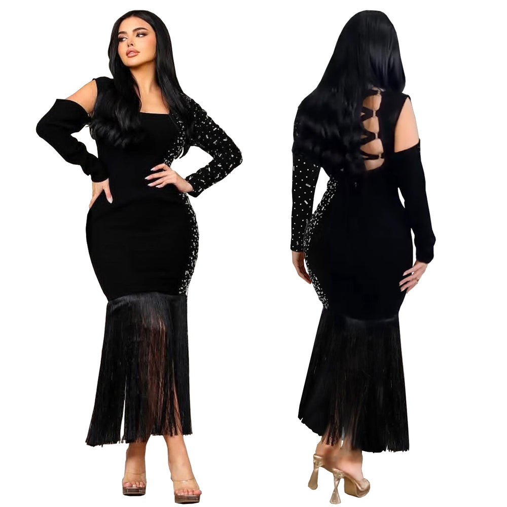 C7412 cross-border   fashion women's sexy arm sleeve long sleeve rhinestone tassel dress