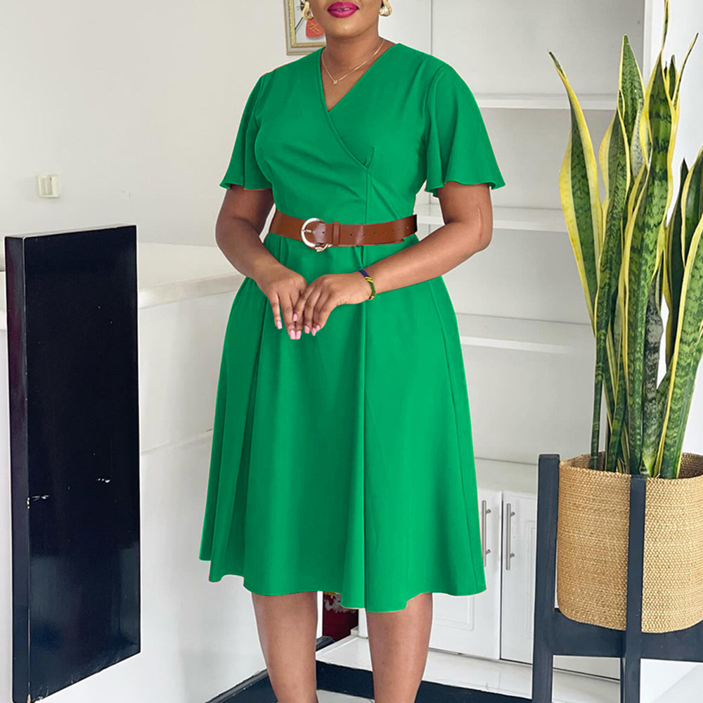 C8636 european and american women's clothing  new fashion elegant solid color plus size v-neck flare sleeve african dress