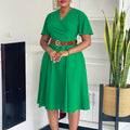 C8636 european and american women's clothing  new fashion elegant solid color plus size v-neck flare sleeve african dress