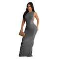 C6791 cross-border   fashion women's solid color round neck sleeveless slit maxi dress