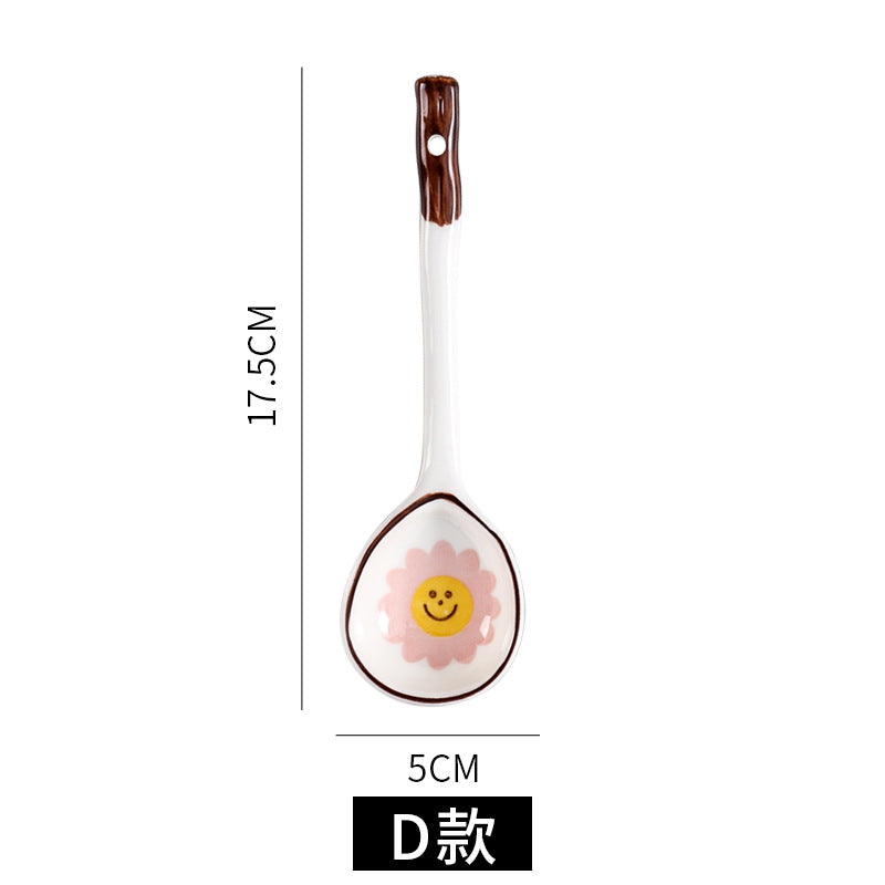 Japanese ceramic long-handled spoon - hand-painted cute creative cartoon dessert spoon - household ramen spoon - soup spoon