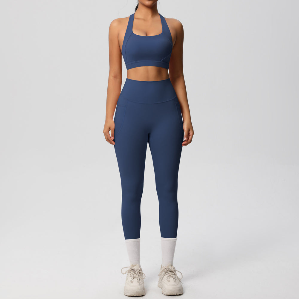 European and american cross-border yoga double-sided brushed tank top & shockproof pocket pants pilates running fitness yoga outfit two-piece set