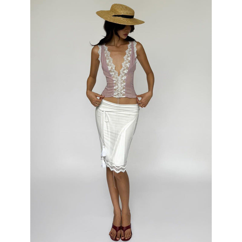 European and american women's clothing  spring new collection: sweet & sexy lace trim tie-up top with bodycon mini skirt set