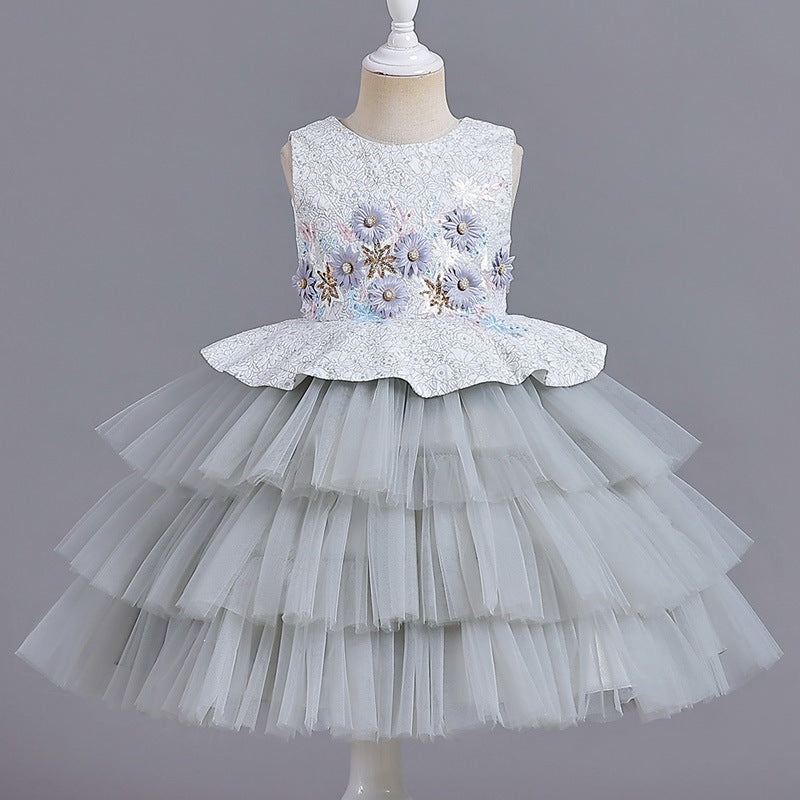 Cake skirt dinner princess skirt mesh flower girl dress girl dress skirt puffy host dress sleeveless short