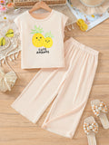 Girls' summer outfit: light pink pineapple & letter print sleeveless top and pants set