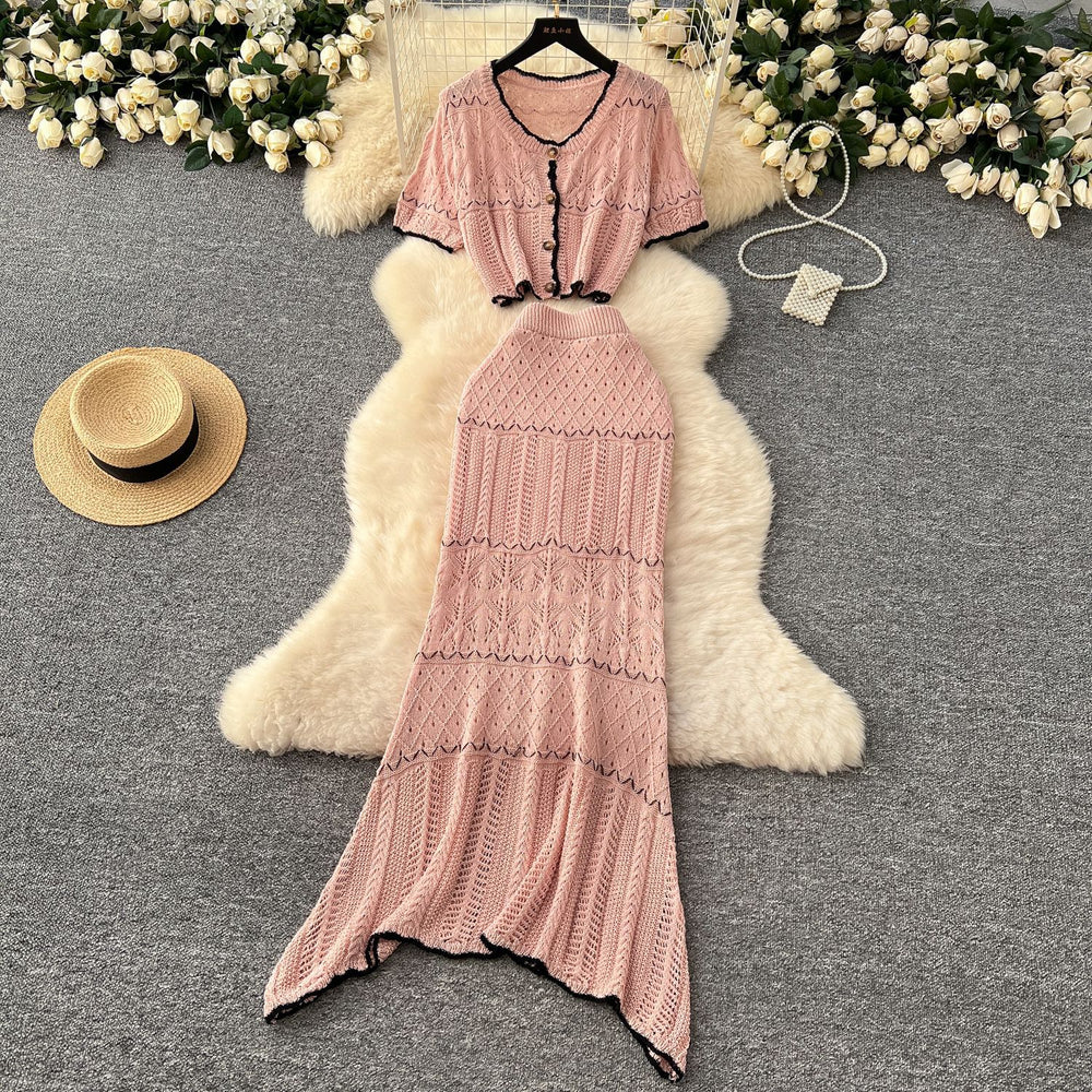 Korean style age-reducing set: women's gentle style hollow-out crochet round neck cropped knit top + high-waisted bodycon midi skirt