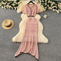 Korean style age-reducing set: women's gentle style hollow-out crochet round neck cropped knit top + high-waisted bodycon midi skirt