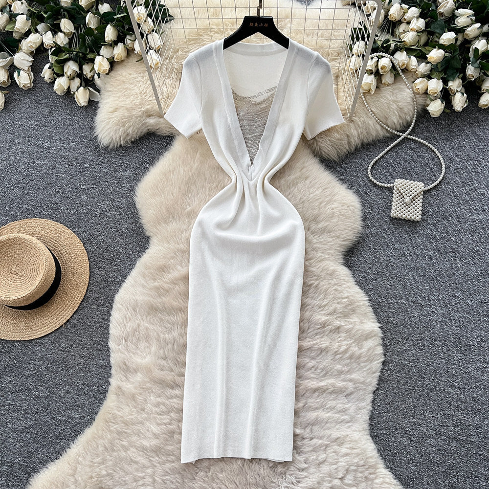 K-style square collar knitting casualcasualdress women's short-sleeved a-line skirt work clothingslimming lookelegantsexy skirt