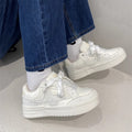 Niche chic distressed denim chunky sole bread shoes - women's trendy versatile skate shoes, height increasing student white sneakers