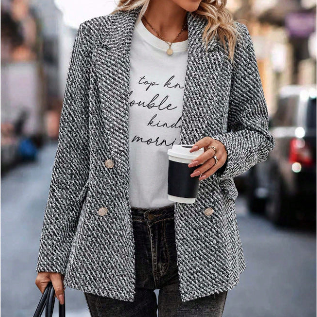 Women's solid color double-breasted blazer - european & american style, casual women's new top,  houndstooth jacket