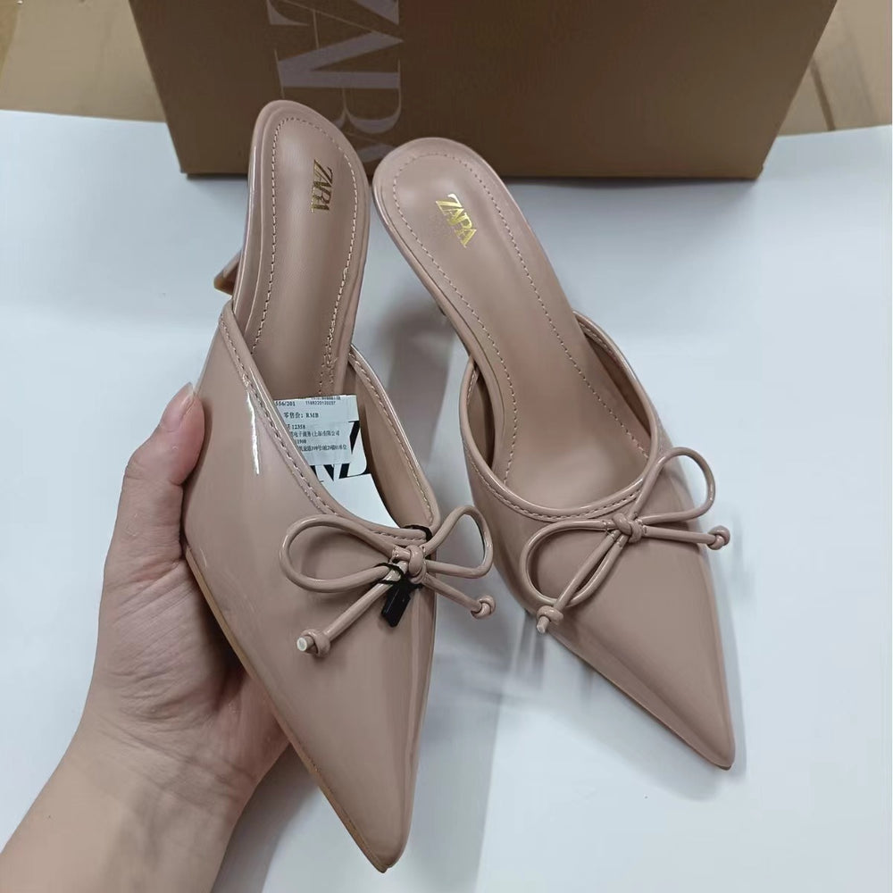 Za2024summer new sandals women's pointed toe bows decoration shallow mouth stiletto heels back empty toe cap mules shoes