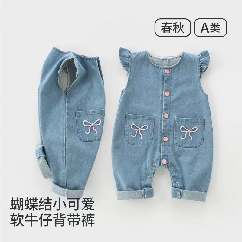Autumn new arrival baby girl denim overalls baby onesie suitnewborn style princess crawling clothes trendy