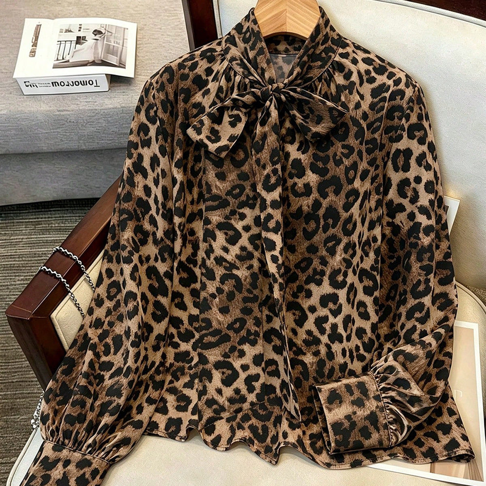 Luxury leopard print blouse with tie-waist, stand collar, and lantern sleeves - elegant workwear for women, 1688 source