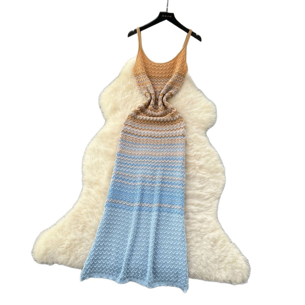 Sling knittingdress women's  summer korean chic retro gradient color wave pattern silm hip covering long skirt