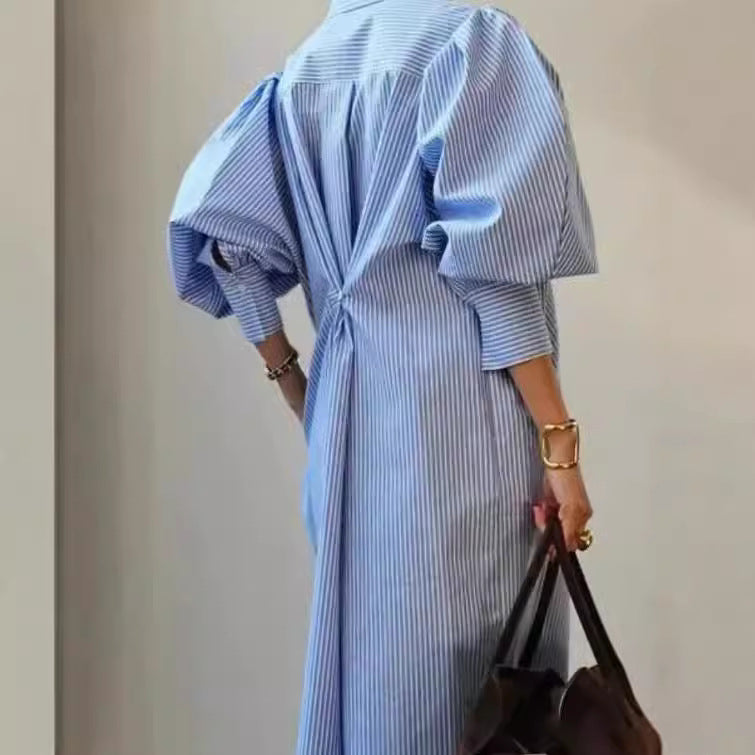 Amazon cross-border summer new french elegant design button-down lantern sleeve irregular hem dress