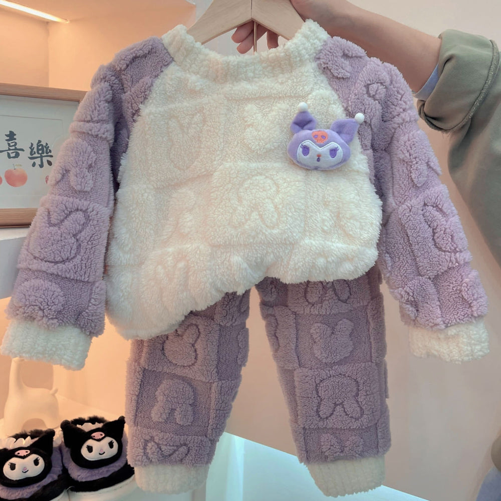 【candy colors】girls' winter flannel pajama set - kids' cartoon fleece-lined warm loungewear for boys and girls