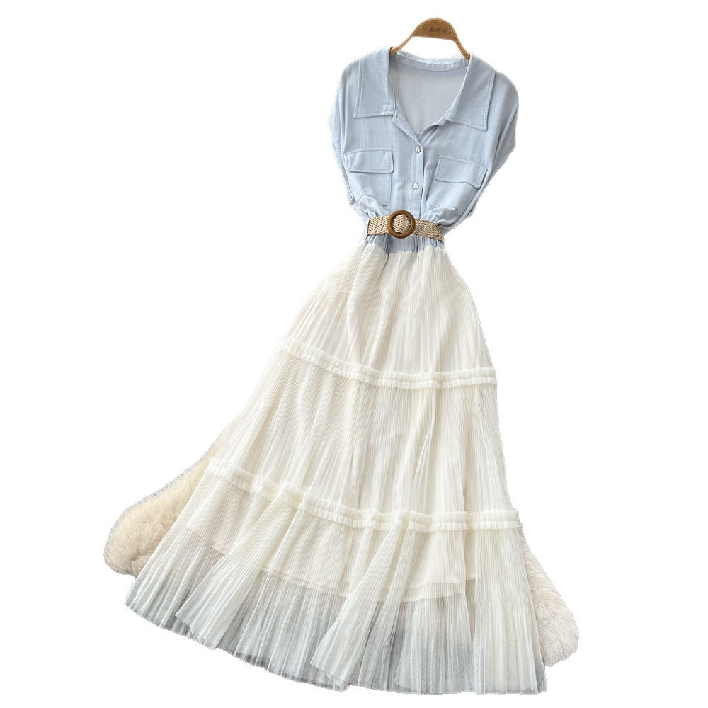 French white shirt patchwork a-line cake dress - summer slimming, waist-defining, commute-ready, elegant style