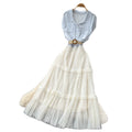 French white shirt patchwork a-line cake dress - summer slimming, waist-defining, commute-ready, elegant style