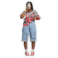 Street workwear fashionjeans women's multi-flap pocket pants eye strap raw edge ripped pants washed light blue denim pants