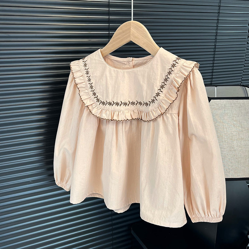 Girls' korean style all-season fashionable and versatile two-tone embroidered floral shirt - trendy, popular, and refreshing top