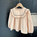 Girls' korean style all-season fashionable and versatile two-tone embroidered floral shirt - trendy, popular, and refreshing top