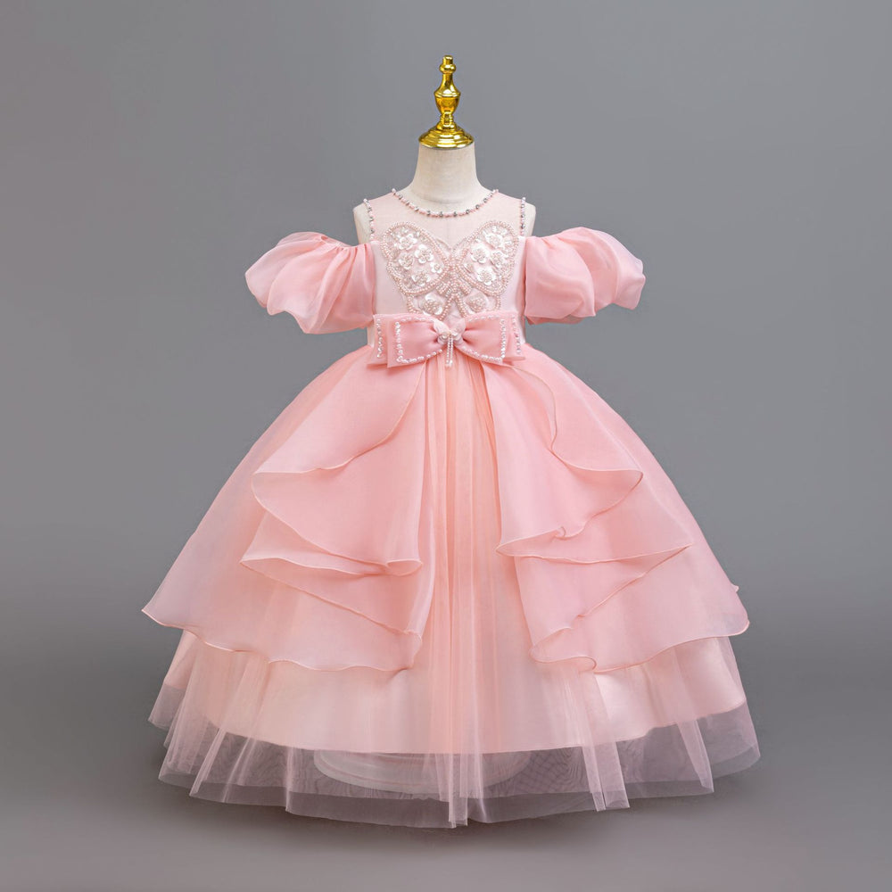 New in stock puff sleeve children's dress sequin wedding dress princess dress girls performance dress kids dress