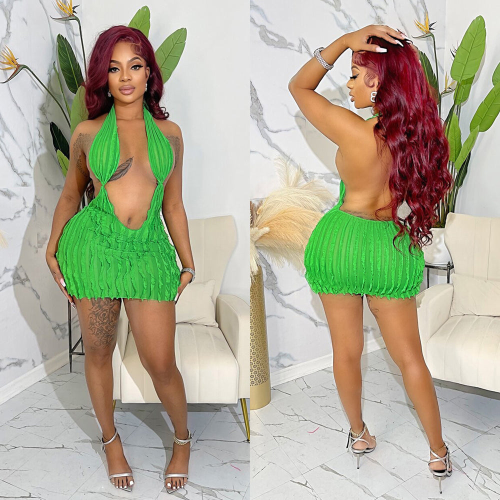 C6670 cross-border   fashion women's solid color hollow-out wavy pattern mini skirt dress