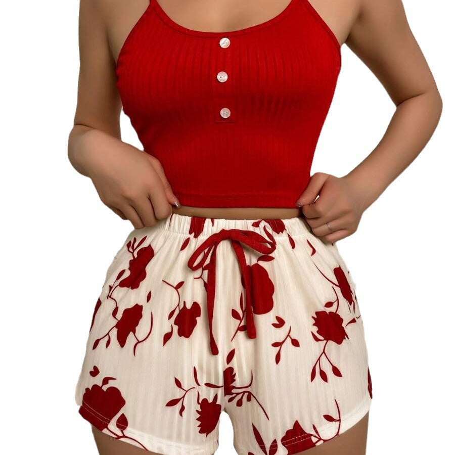 hot-selling women's loungewear set featuring a printed camisole and shorts. casual, sexy, ribbed knit, and stylish enough to wear out. european and american style