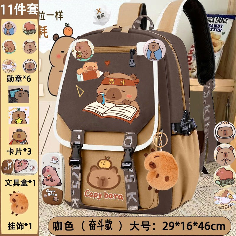export cartoon capybara backpack - large capacity school bag for middle and elementary school girls - cute capybara backpack
