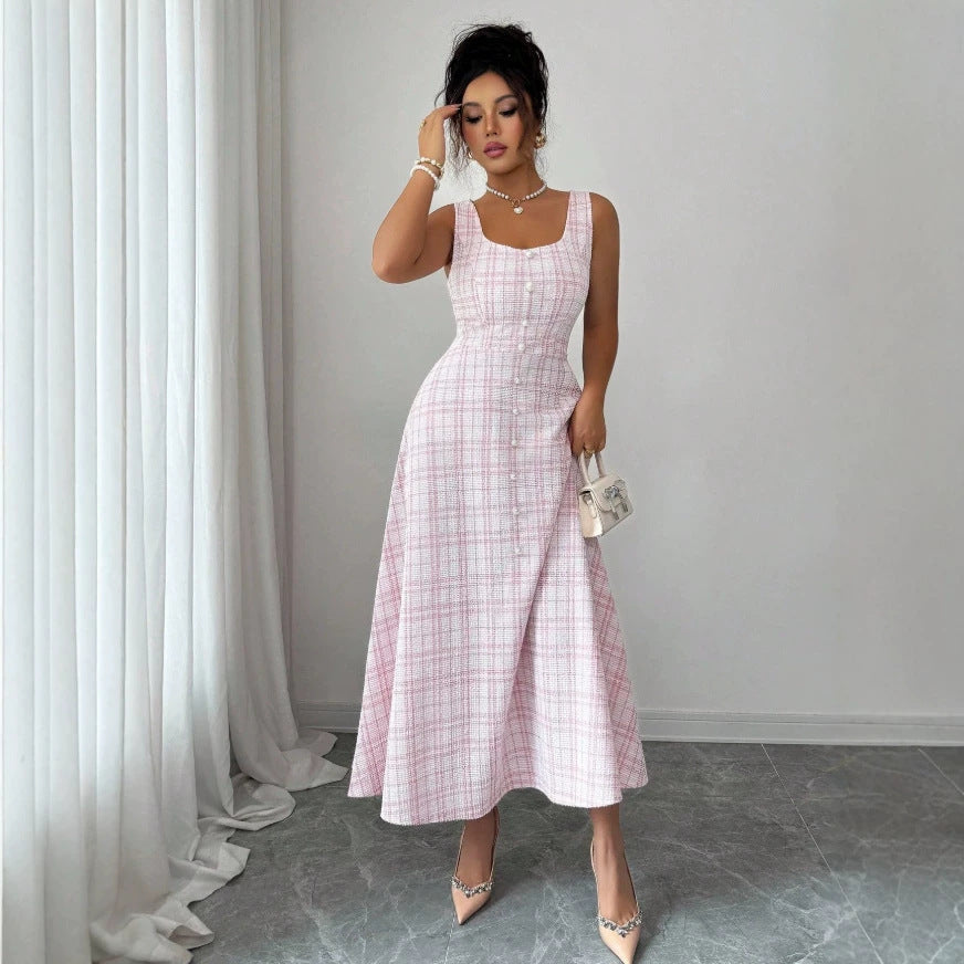 European and american cross-border   plaid sleeveless dress  new arrival elegant vacation french style