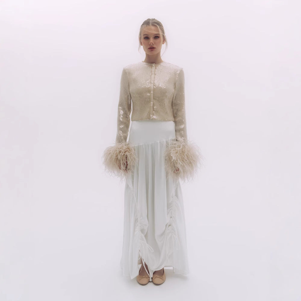 2025 new arrival: slim-fit long sleeve outfit - european & american style, rhinestone embellished, ultra-sparkly nightclub fashion, sexy feather top