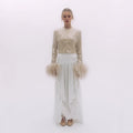 2025 new arrival: slim-fit long sleeve outfit - european & american style, rhinestone embellished, ultra-sparkly nightclub fashion, sexy feather top
