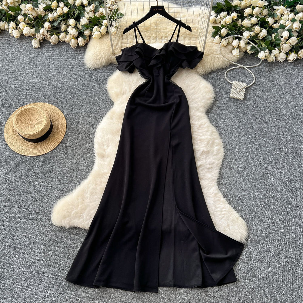 Luxury evening gown for women - french design, off-the-shoulder, spaghetti strap, mesh paneling, cinched waist, and slit dress