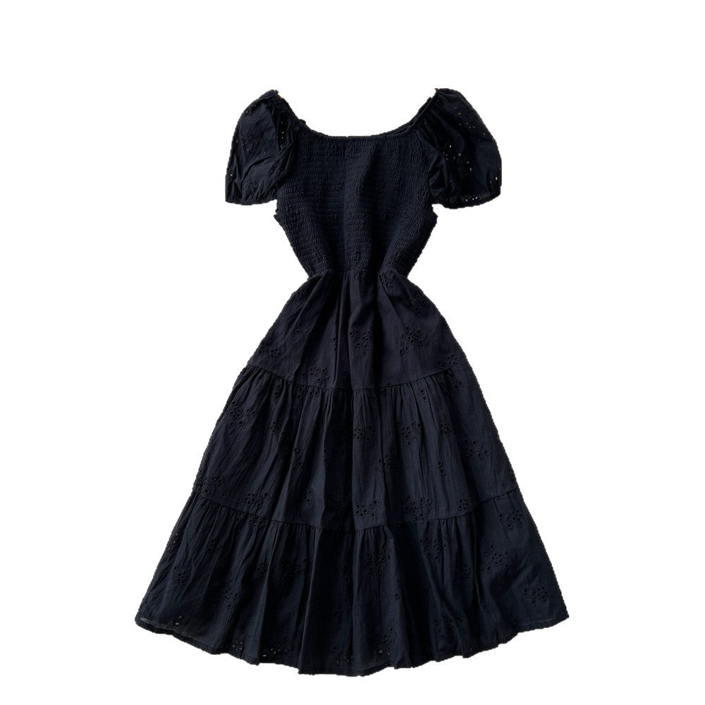 French chic one-shoulder bubble sleeve a-line dress - women's summer korean style short sleeve high waist slimming elegant dress