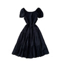 French chic one-shoulder bubble sleeve a-line dress - women's summer korean style short sleeve high waist slimming elegant dress