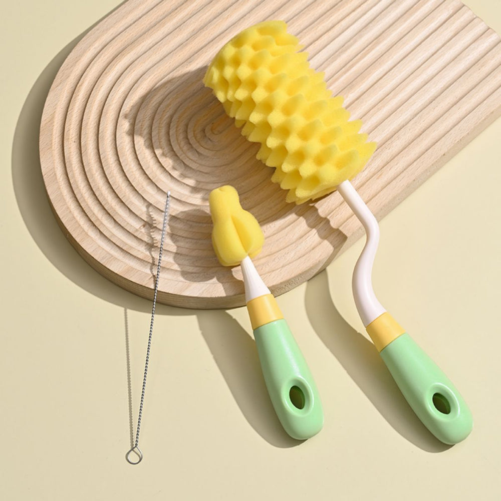 Baby bottle brush cleaning set - includes bottle brush, rack, long-handled rinser, sponge brush, and nipple cleaner - perfect for newborns