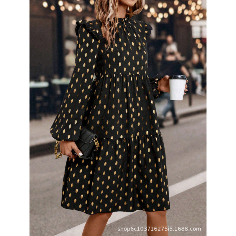 Women's  autumn new arrival v-neck long sleeve printed dot chiffon dress
