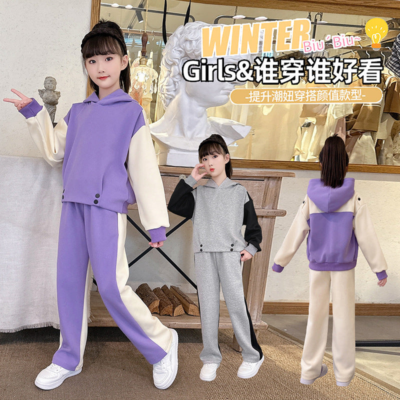 Girls' spring/autumn outfit set,  new korean style, trendy hooded sweatshirt and casual two-piece set for mid-to-large children