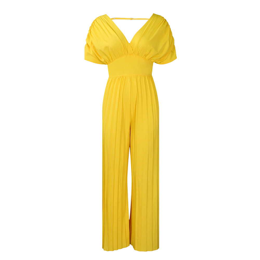 D3302  independent station foreign trade  new women's european and american cross-border sexy v neck pure color pleated jumpsuit