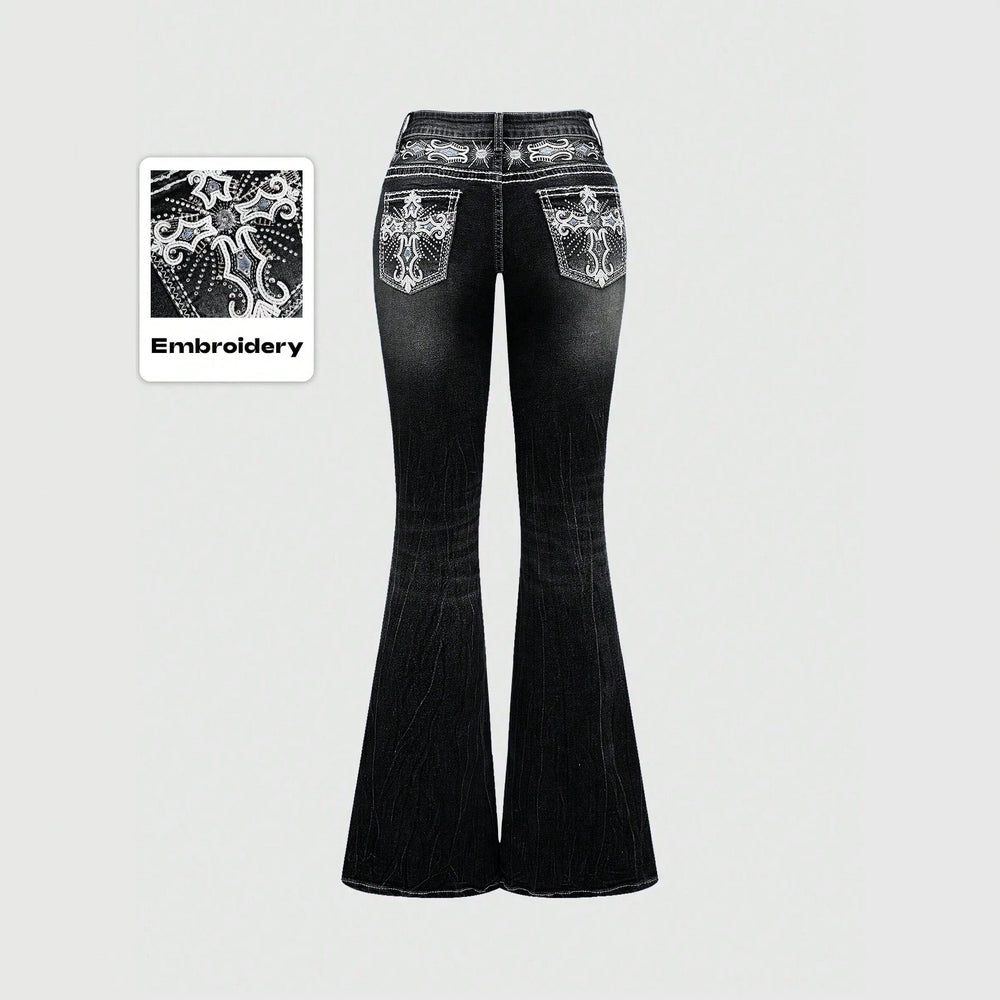 European and american western style heavy embroidery rhinestone flare jeans - women's high waist vintage washed slim fit bootcut