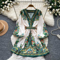 Vintage print v-neck long sleeve bodycon dress - women's summer tie-waist slimming a-line dress - office & casual wear