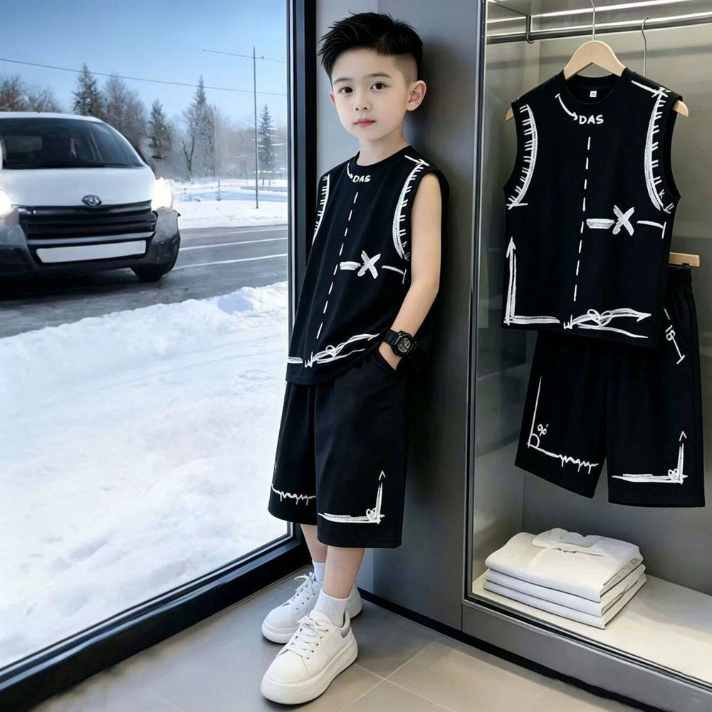 Kids' vest set:  new summer collection for boys - stylish sleeveless outfit for mid-to-large children, trendy two-piece summer set