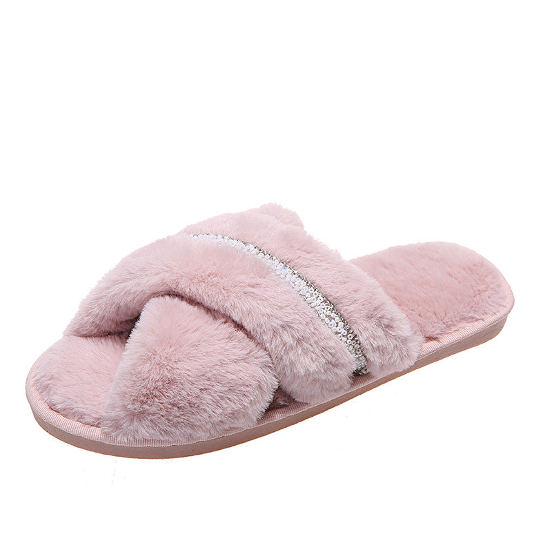 Exportplus size pearl fur slippers for women outwearfashion cross-border new arrivalflats home indoor cross cotton slippers for women