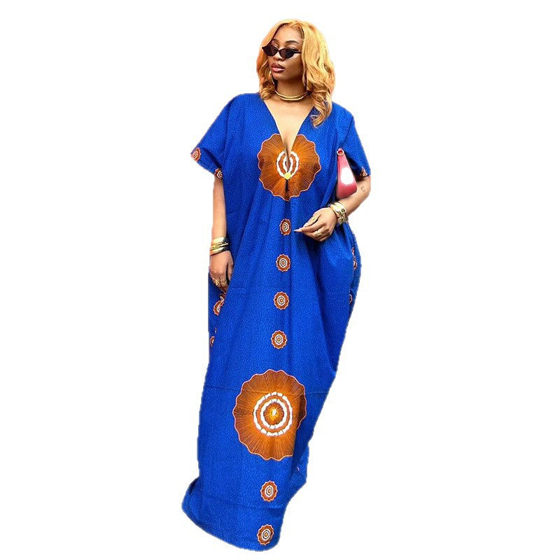 European and american women's clothing  autumn new sweet and fresh loose plus size printed v-neck batwing sleeve maxi dress