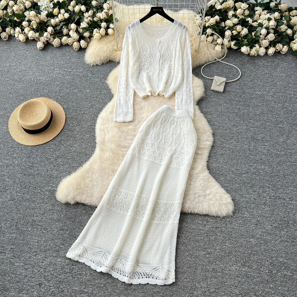 Elegant two-piece set: korean style soft hollow-out crochet round neck knit cardigan top + high-waisted bodycon midi skirt