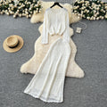 Elegant two-piece set: korean style soft hollow-out crochet round neck knit cardigan top + high-waisted bodycon midi skirt