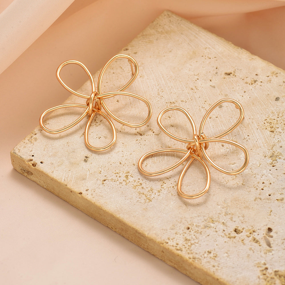 Flower earrings wholesale cross-border exaggerated sense of design earrings women's electroplated alloy versatile cut out line braided earrings
